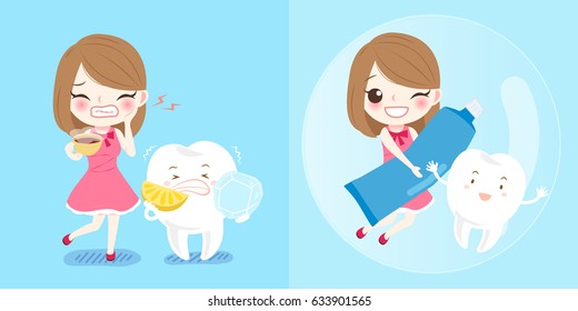 cute cartoon girl with tooth health on blue background