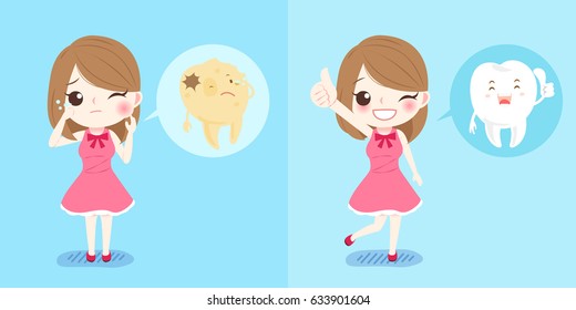 cute cartoon girl with tooth on blue background