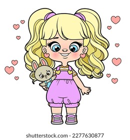 Cute cartoon girl with toy bunny in hand color variation for coloring page on a white background