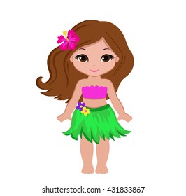 Cute cartoon girl in traditional Hawaiian dancer costume.