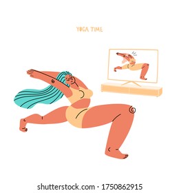 Cute cartoon girl is training at home online yoga lesson on TV. A young woman with turquoise hair in training clothes makes an asana. Home Workout Online Concept. Vector stock illustration.