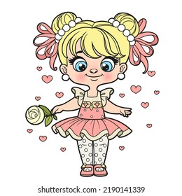 Cute cartoon girl in tutu and holding a rose in hand color variation for coloring page on white background