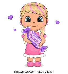 A Cute Cartoon Girl With Two Braids Is Holding A Big Candy. Vector Illustration On White Background.