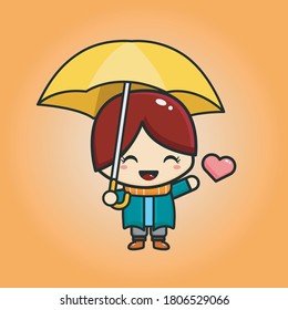 Cute cartoon cute girl with umbrella. Autumn theme. Hand drawing of isolated object on Yellow and white gradient background. Vector illustration.