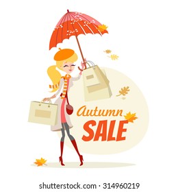 Cute cartoon girl with umbrella and shopping bags. Autumn sale banner template. Vector illustration