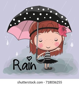 Cute cartoon girl girl with an umbrella standing under a rain