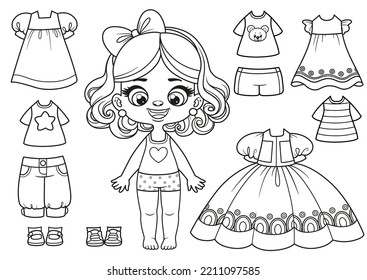 Cute cartoon girl in underwear and with a set of clothes and shoes for dressing outline for coloring page on white background