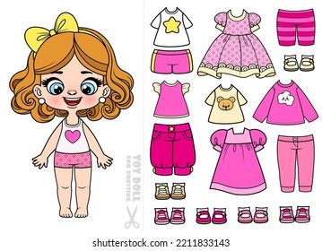 Cute cartoon girl in underwear and with a set of  pink and beige clothes and shoes for dressing isolated on white background