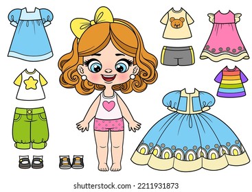 Cute cartoon girl in underwear and with a set of clothes and shoes for dressing color variation for coloring page on white background