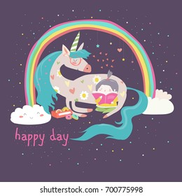 Cute cartoon girl with unicorn
