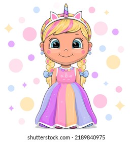 Cute Cartoon Girl In Unicorn Dress And Headband. Vector Illustration On White Background With Colorful Dots.