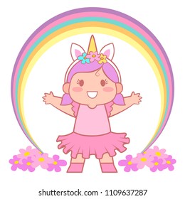Cute cartoon girl with unicorn headband and dress