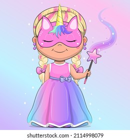 A Cute Cartoon Girl In A Unicorn Mask And Dress Is Holding A Magic Wand.