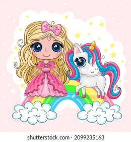 Cute Cartoon Girl and Unicorn on a color background with rainbow. Good for greeting cards, invitations, decoration, Print for Baby Shower etc.