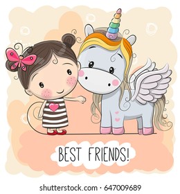 Cute Cartoon Girl and Unicorn on a pink background