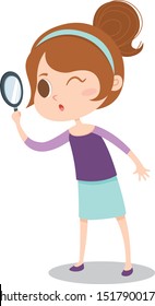 A cute cartoon girl use a magnifying glass to look for something.