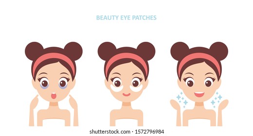 Cute cartoon girl using skincare eye patches vector illustration