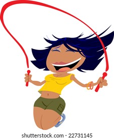 A cute cartoon girl using a skipping rope.