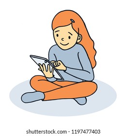 Cute cartoon girl using a tablet computer sat on the ground vector illustration. Home schooling concept drawing