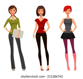 cute cartoon girl with various outfits and hairstyle