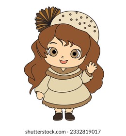 Cute cartoon girl in vintage retro dress. Graphic vector illustration.  Children toy doll with blond hair