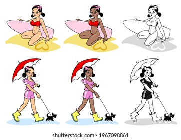 Cute cartoon girl walking dog. Girl in bikini with serf board. Pin-Up Girl