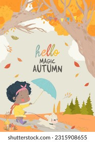 Cute Cartoon Girl walking with Dog in Autumn Forest