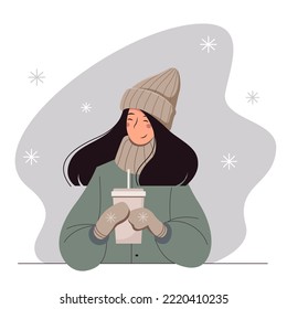 Cute cartoon girl in a warm clothes drinks coffee and enjoys winter. Vector illustration with a stylish young woman.
