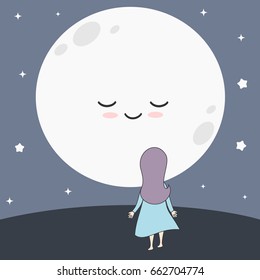 cute cartoon girl watching full moon vector illustration