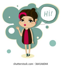 Cute cartoon girl waves her hand and says hello, welcome. The image on the notebook, book, magazine.Bubble with the words. Character helper for the site. Vector illustration 