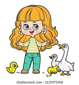 Cute cartoon girl girl with wavy hair feeds grains to geese and chickens color variation for coloring page on white background