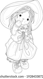 Cute cartoon girl wearing a hat and dress, sketch template. Graphic toy vector illustration in black and white for games, background, pattern, decor. Children's story book, fairytale, coloring page design.