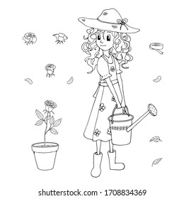 Cute cartoon girl wearing straw hat holds a watering can. Set of elements for growing roses. White and black vector illustration for coloring book.