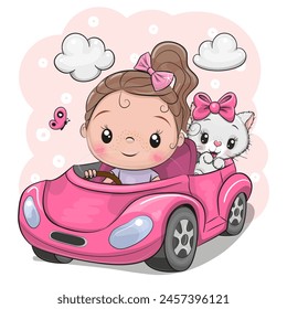 Linda chica de dibujos animados con gatito blanco va en un coche rosa