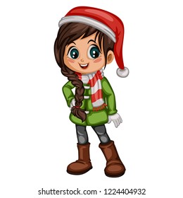 Cute Cartoon Girl In Winter Clothes Coat, Boots, Santa Hat and Scarf. Little Kid in Christmas Outfit Isolated on White Background