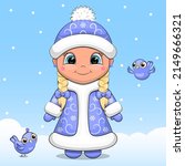 Cute cartoon girl in winter coat and hat stands with birds. Winter vector illstration on blue backgrond with snow.