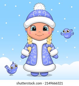 Cute cartoon girl in winter coat and hat stands with birds. Winter vector illstration on blue backgrond with snow.