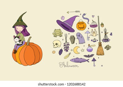 Cute cartoon girl witch with a cat. autumn set. Happy Halloween set