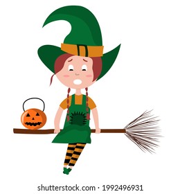 Cute cartoon girl witch character. Witch flying on broomstick with pumpkin. Halloween vector illustration of girl in witch costume. Emotion of fright on the face. Happy halloween vector illustration.