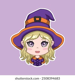 Menina de desenho animado bonito em um traje de bruxa. Ilustração vetorial isolada no plano de fundo roxo.