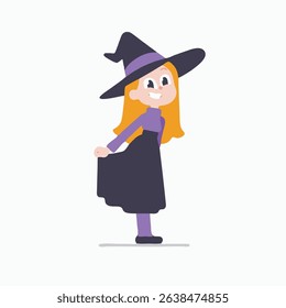 Cute Cartoon Girl Witch Wearing Purple and Black Halloween Costume