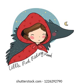 A cute cartoon  girl and a wolf. little Red Riding Hood fairy tale.Vector illustration. 