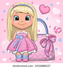 Cute cartoon girl and a woman's hand bag. Vector illustration of little woman on a pink background with hearts.