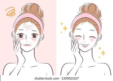 the cute cartoon girl with wrinkle and she is younger after - Shutterstock ID 1339023107