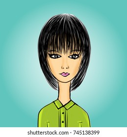 Cute cartoon girl, young Lady in green office clothes,  Business woman, User Icon, profile vector illustration, Painting template