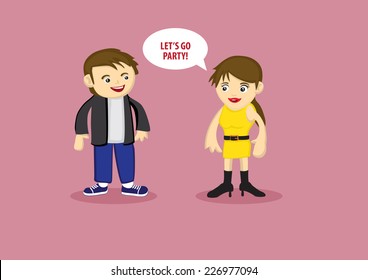 Cute Cartoon girlfriend in funky fashion inviting boyfriend to party. Vector character design isolated on pink plain background.