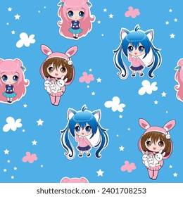 Cute cartoon girls in anime style seamless pattern on a blue background. Vector illustration chibi girl for children t-shirt print