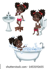 Cute Cartoon Girls in a Bathroom Daily Routine Activities Vector Illustration. Brushing Teeth, Sitting on a Toilet, Taking Bath and Playing with Soap Bubbles Isolated on White Background