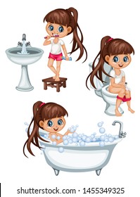 Cute Cartoon Girls in a Bathroom Daily Routine Activities Vector Illustration. Brushing Teeth, Sitting on a Toilet, Taking Bath and Playing with Soap Bubbles Isolated on White Background