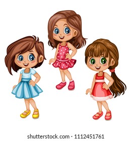 Cute Cartoon Girls Collection in Different Clothes and Hairstyles. Happy Beautiful Kids Set Isolated on a White Background